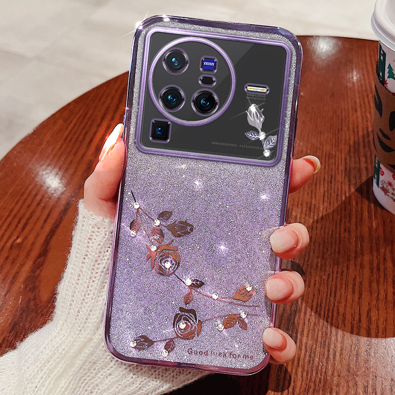 For vivo X80 Pro 5G Gradient Glitter Powder TPU Protective Cover Stylish Rhinestone Decor Flower Pattern Phone Back Case For vivo X80 Pro 5G Gradient Glitter Powder TPU Protective Cover Stylish Rhinestone Decor Flower Pattern Phone Back Case